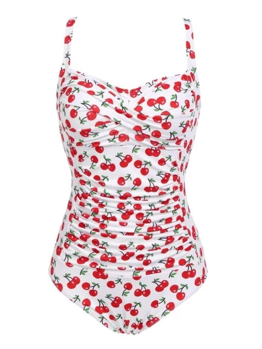 Cherry Print Retro One-Piece Swimsuit in White & Red 16” pit to pit/large